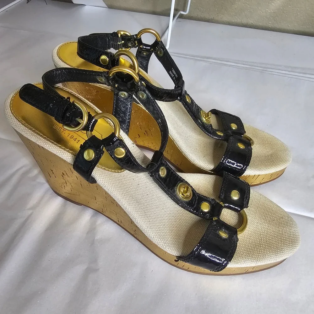 Coach Mercy Black Patent Leather Gold Metallic Cork Wedge Sandals Womens 8.5
